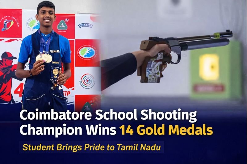 Coimbatore school shooting champion holding medals after winning 14 gold medals in state shooting competition