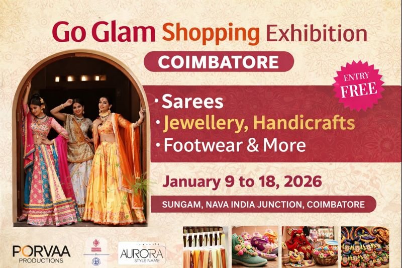 Go Glam Shopping Exhibition Coimbatore featuring sarees, jewellery, handicrafts, footwear and lifestyle products