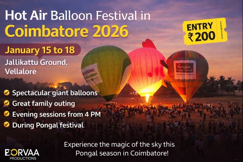 Hot Air Balloon Festival in Coimbatore showcasing colorful balloons at Vellalore grounds during Pongal season