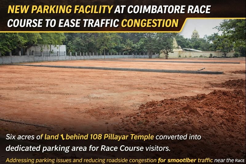 New parking facility at Coimbatore Race Course developed to reduce roadside congestion and improve traffic flow near the 108 Pillayar Temple area