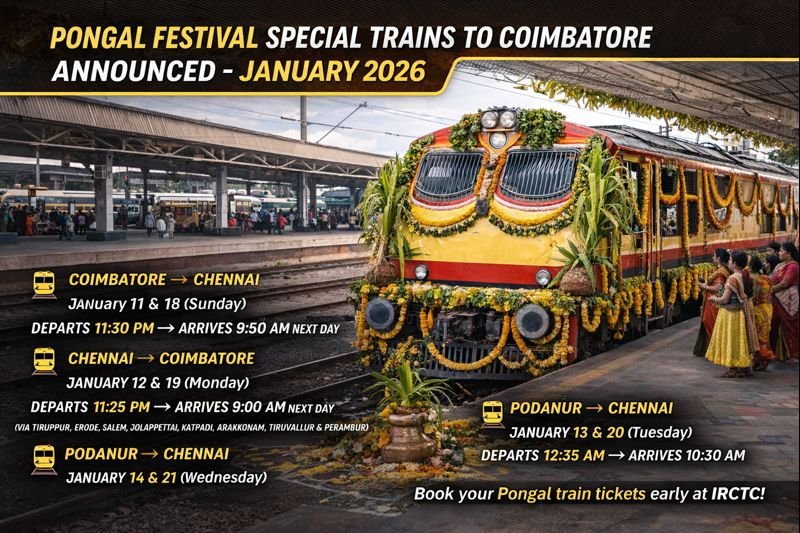 Pongal festival special trains to Coimbatore decorated for festive travel in Tamil Nadu