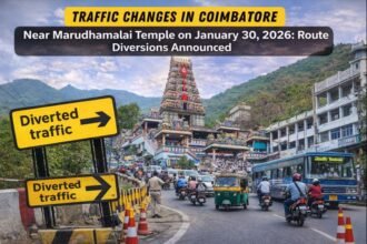 Traffic changes in Coimbatore with vehicle diversion near Marudhamalai Hill Temple on January 30, 2026
