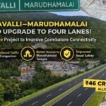 Aerial view of Vadavalli-Marudhamalai Road upgrade showing proposed four-lane highway near Marudhamalai hills in Coimbatore