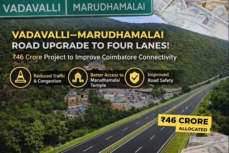 Aerial view of Vadavalli-Marudhamalai Road upgrade showing proposed four-lane highway near Marudhamalai hills in Coimbatore