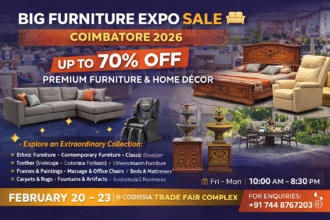 Big Furniture Expo Sale Coimbatore 2026 with up to 70% off on premium furniture at Codissia Trade Fair Complex
