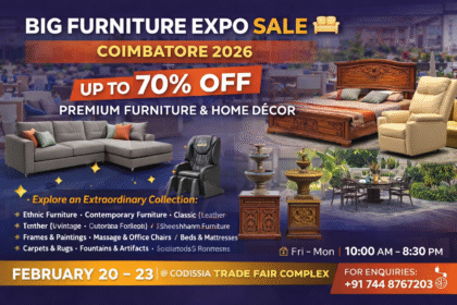 Big Furniture Expo Sale Coimbatore 2026 with up to 70% off on premium furniture at Codissia Trade Fair Complex