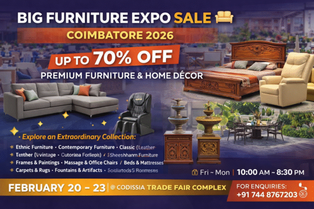 Big Furniture Expo Sale Coimbatore 2026 with up to 70% off on premium furniture at Codissia Trade Fair Complex