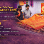 Cotton Fab Expo Coimbatore 2026 showcasing Indian cotton and silk sarees at Shastri Maidanam RS Puram