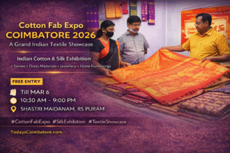 Cotton Fab Expo Coimbatore 2026 showcasing Indian cotton and silk sarees at Shastri Maidanam RS Puram