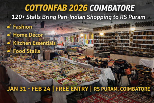 Cottonfab 2026 Coimbatore exhibition showcasing unique collections, décor items, fashion wear, kitchen essentials and lifestyle products at RS Puram
