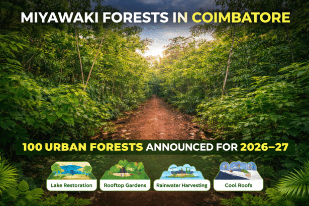 Miyawaki Forests in Coimbatore announced under Climate Budget 2026–27 to improve urban green cover and biodiversity