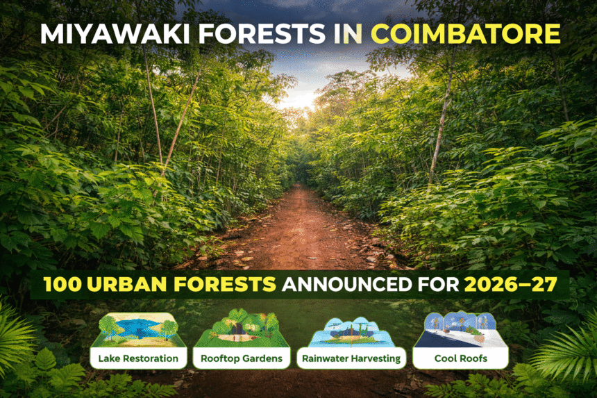 Miyawaki Forests in Coimbatore announced under Climate Budget 2026–27 to improve urban green cover and biodiversity