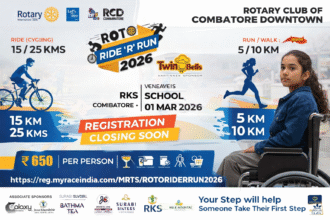 Roto Ride R Run 2026 Coimbatore at RKS School featuring 5K 10K run and 15K 25K cycling for a charity cause