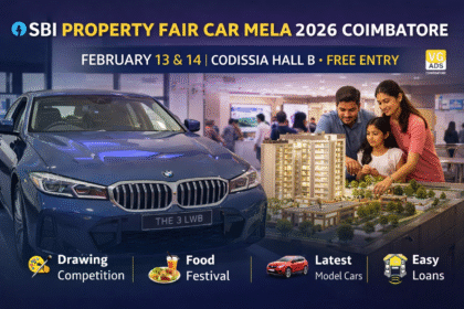SBI Property Fair Car Mela 2026 Coimbatore showcasing latest model cars and property expo at CODISSIA Hall B