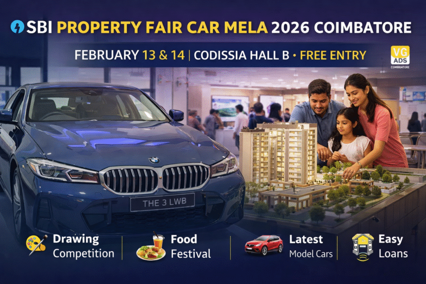 SBI Property Fair Car Mela 2026 Coimbatore showcasing latest model cars and property expo at CODISSIA Hall B