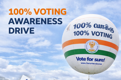 100% Voting Awareness Coimbatore campaign with helium balloons promoting voter participation in public areas