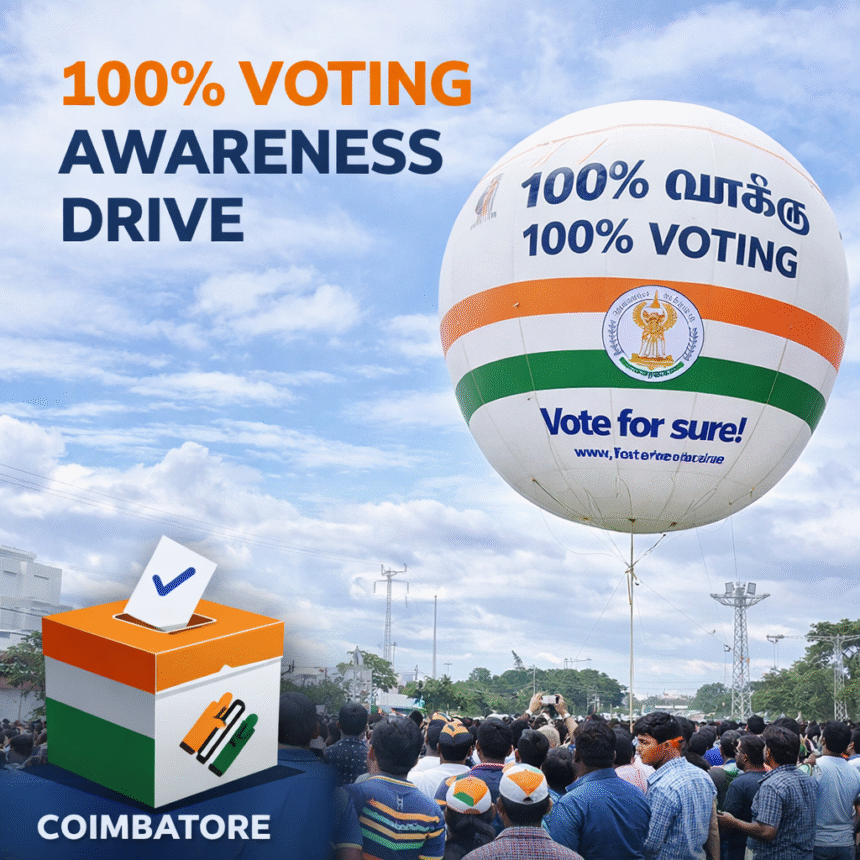 100% Voting Awareness Coimbatore campaign with helium balloons promoting voter participation in public areas