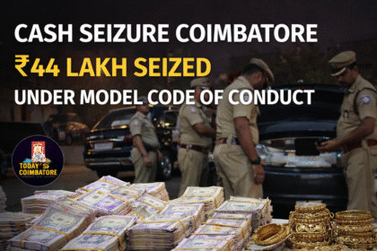 Cash seizure in Coimbatore during model code of conduct enforcement with officials inspecting vehicles and valuables