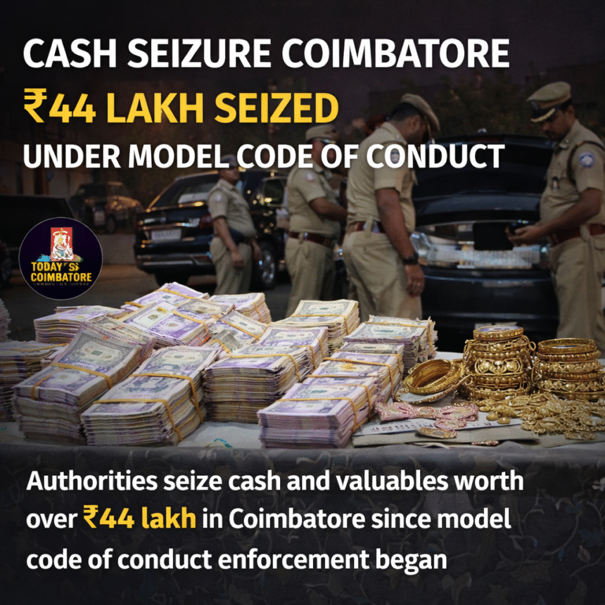 Cash seizure in Coimbatore during model code of conduct enforcement with officials inspecting vehicles and valuables