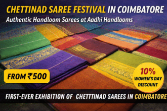 Colorful authentic Chettinad sarees displayed at Chettinad Saree Festival in Coimbatore at Aadhi Handlooms Cellapalayam