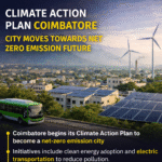 Climate Action Plan Coimbatore showing solar panels, electric bus and wind turbines for clean energy transition