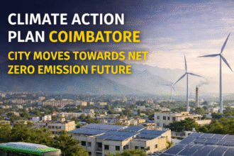 Climate Action Plan Coimbatore showing solar panels, electric bus and wind turbines for clean energy transition
