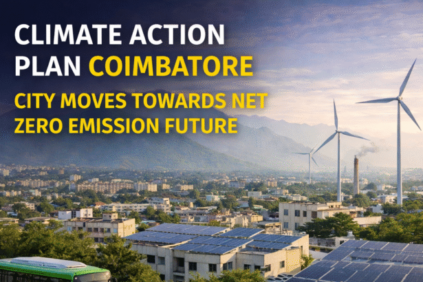 Climate Action Plan Coimbatore showing solar panels, electric bus and wind turbines for clean energy transition