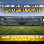 Coimbatore Cricket Stadium Tender Update showing proposed 25,000-seat International Cricket Stadium entering tender stage under TIDCO