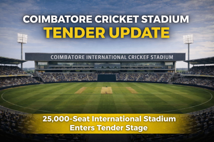 Coimbatore Cricket Stadium Tender Update showing proposed 25,000-seat International Cricket Stadium entering tender stage under TIDCO