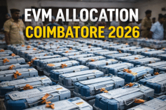 EVM Allocation Coimbatore 2026 showing electronic voting machines distributed across constituencies during randomisation process