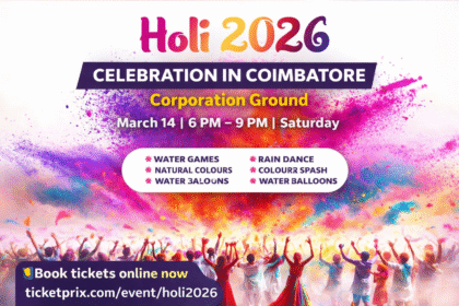 Holi 2026 Celebration in Coimbatore at Corporation Ground with rain dance, colour splash and water games festival