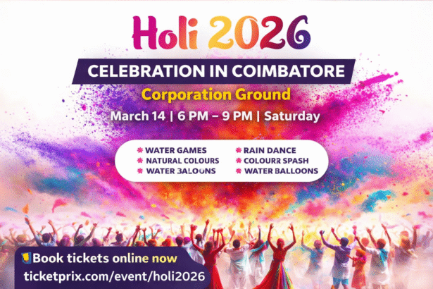 Holi 2026 Celebration in Coimbatore at Corporation Ground with rain dance, colour splash and water games festival