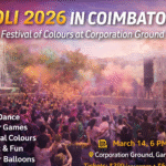 Crowd celebrating Holi 2026 in Coimbatore at Corporation Ground with colours, rain dance and live music