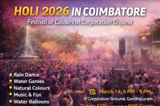 Crowd celebrating Holi 2026 in Coimbatore at Corporation Ground with colours, rain dance and live music