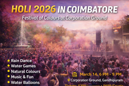 Crowd celebrating Holi 2026 in Coimbatore at Corporation Ground with colours, rain dance and live music