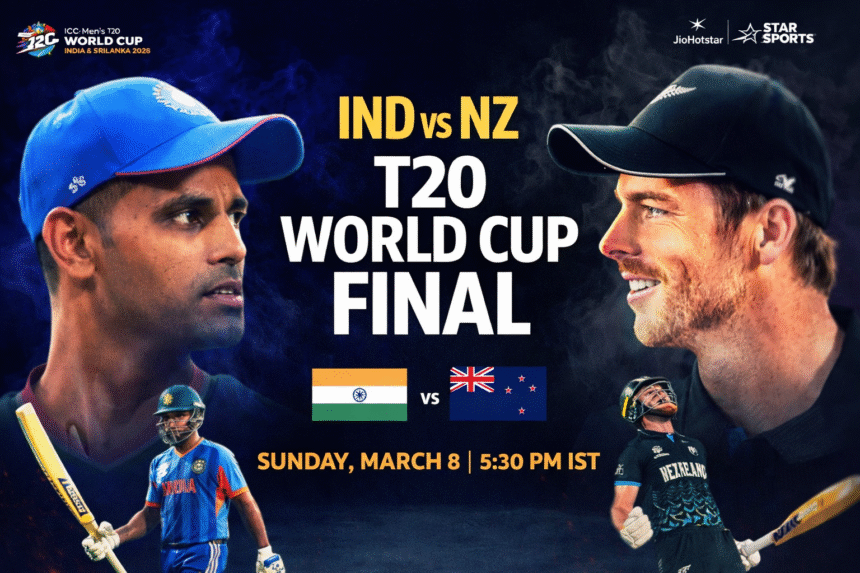 India vs New Zealand ICC T20 World Cup Final 2026 match poster with players and match timing