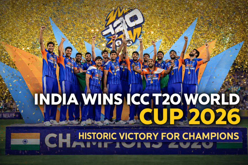 India Wins ICC T20 World Cup 2026 as the Indian cricket team celebrates the championship victory with the trophy