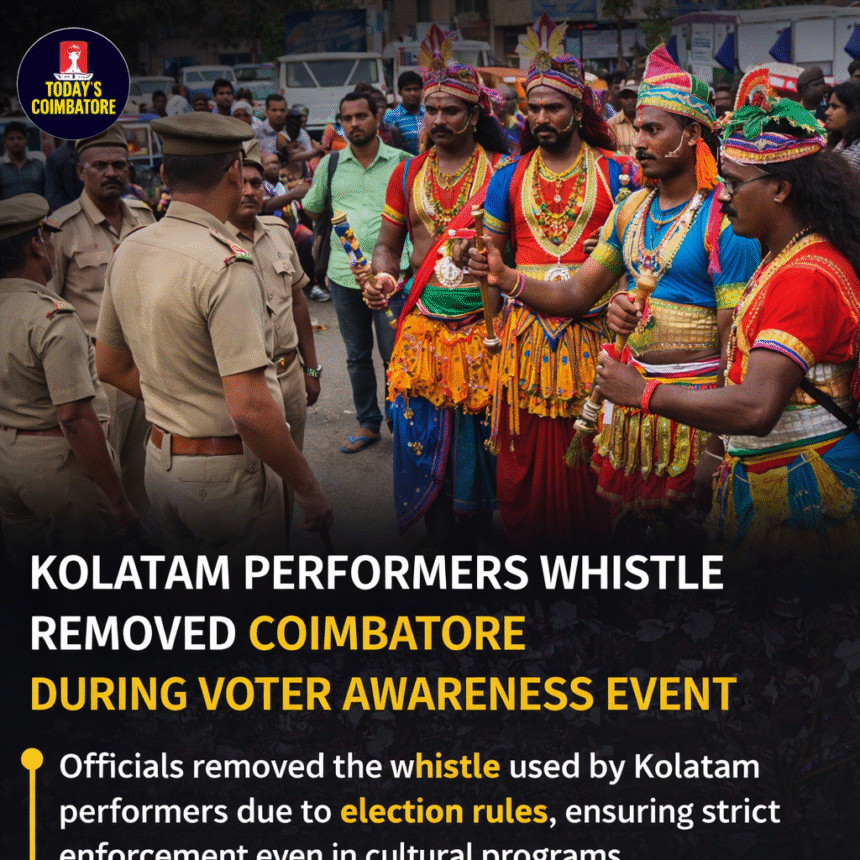 Kolatam performers at voter awareness event in Coimbatore where whistle was removed under election rules