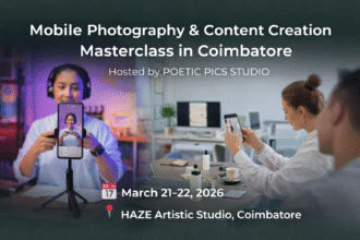 Participants learning smartphone photography and content creation techniques at the Mobile Photography & Content Creation Masterclass in Coimbatore