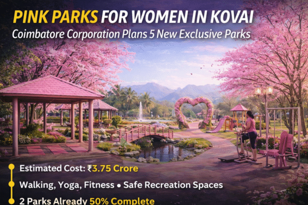 Pink Parks for Women in Kovai featuring walking tracks, open gyms, yoga spaces and leisure facilities proposed by Coimbatore Corporation
