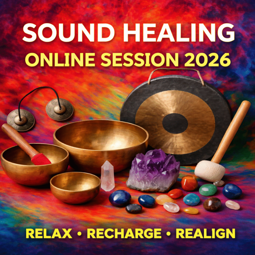 Sound Healing Online Session 2026 showing singing bowls and instruments used for meditation and relaxation