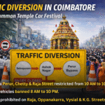 Traffic Diversion in Coimbatore showing road restrictions and alternate routes during Koniamman Temple car festival with heavy crowd and temple chariot procession