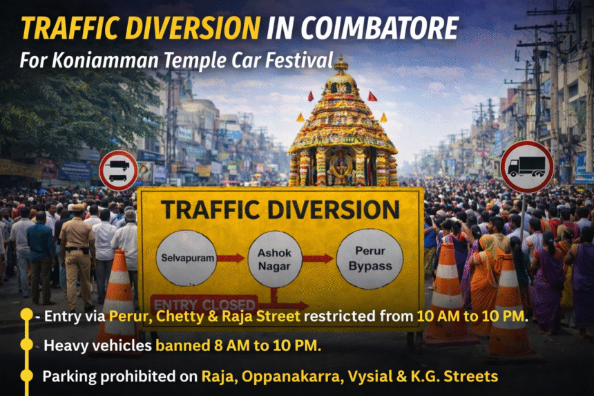 Traffic Diversion in Coimbatore showing road restrictions and alternate routes during Koniamman Temple car festival with heavy crowd and temple chariot procession