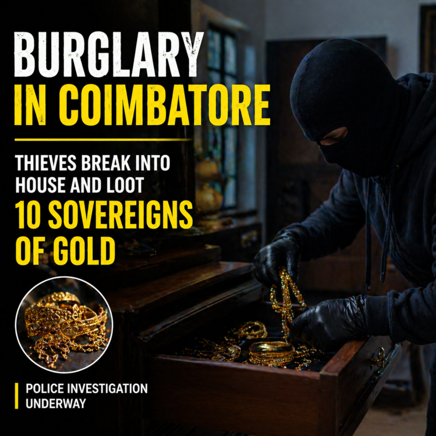 Burglary in Coimbatore where thieves broke into a house and stole 10 sovereigns of gold jewelry