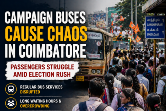 campaign buses chaos Coimbatore passengers issues 2026 public transport disruption election campaign buses