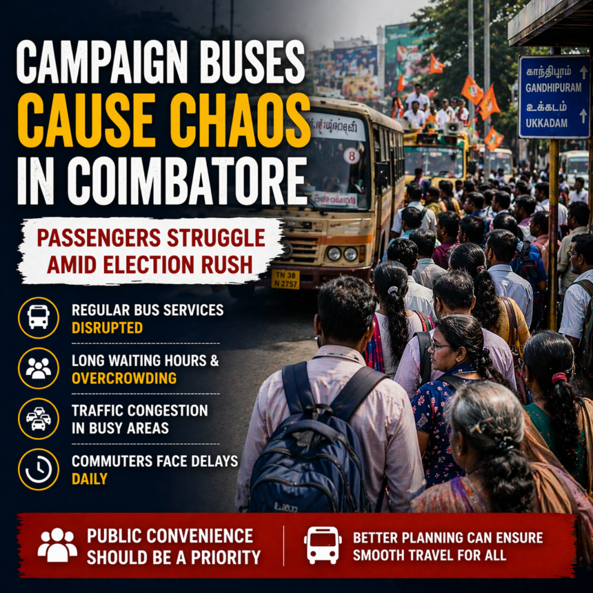 campaign buses chaos Coimbatore passengers issues 2026 public transport disruption election campaign buses
