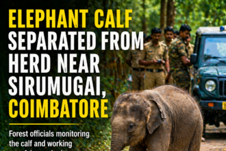 Elephant calf separated from herd near Sirumugai Coimbatore being monitored by forest officials for safe rescue
