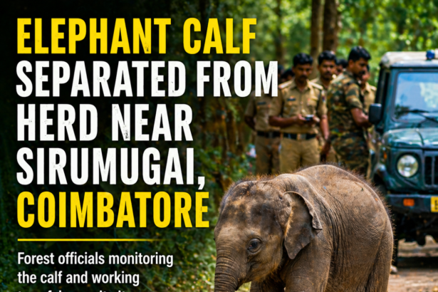 Elephant calf separated from herd near Sirumugai Coimbatore being monitored by forest officials for safe rescue