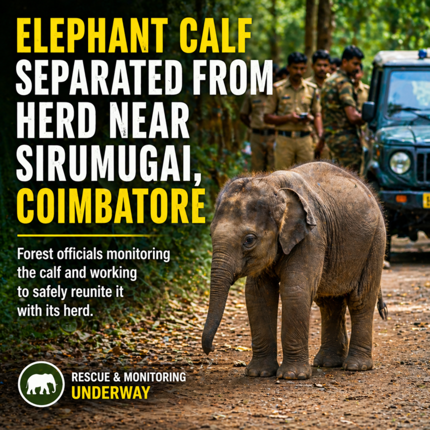 Elephant calf separated from herd near Sirumugai Coimbatore being monitored by forest officials for safe rescue