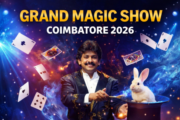 Grand Magic Show Coimbatore 2026 featuring illusionist Magician Dhaya performing live magic tricks on stage